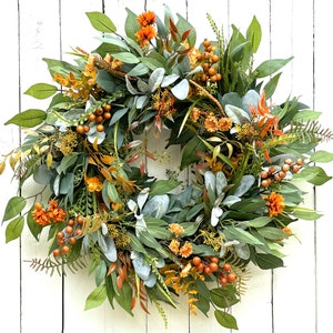 Fall Autumn Berries Leaves Eucalyptus Lambs Ear Wreath for Front Door, Thanksgiving Harvest Festival Wreath for Front Door, Home Décor, Gift