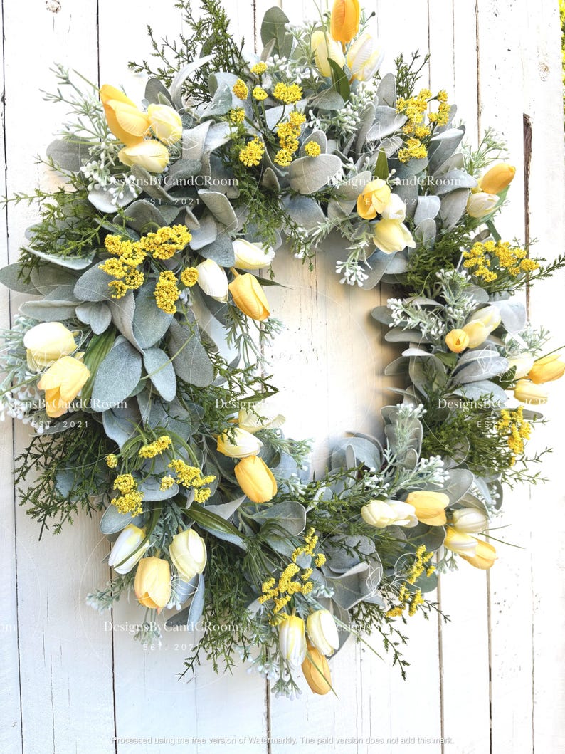 Yellow Tulips Lamb's Ear Wreath, Spring Summer Wreath for Front Door, Farmhouse Wreath, Easter Wreath, Mother's Day Gift,Home Decor image 5