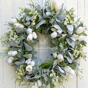 White Cream Tulip Wreath, Lamb's Ear Spring Wreath for Front Door, Summer Wreath for Front Door, Farmhouse Wreath, Wedding Gift