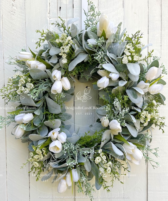 Weißer Creme Tulpenkranz, Lammohr Frühlingskranz für Haustür, Sommerkranz für Haustür, Bauernhauskranz, Hochzeitsgeschenk