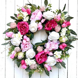 Pink Peony Tulips Wreath, Spring Summer Valentines Easter Wreath for Front Door, Mother's Day Gift, Farmhouse Decor, Home Wedding Decor