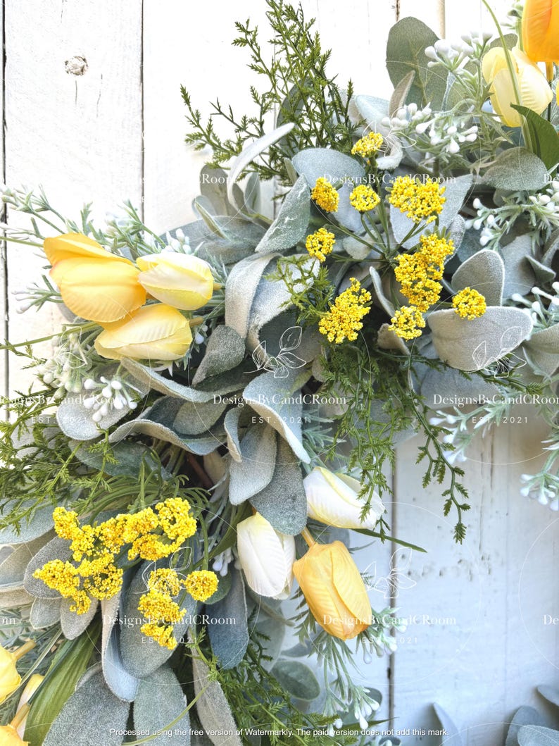 Yellow Tulips Lamb's Ear Wreath, Spring Summer Wreath for Front Door, Farmhouse Wreath, Easter Wreath, Mother's Day Gift,Home Decor image 2