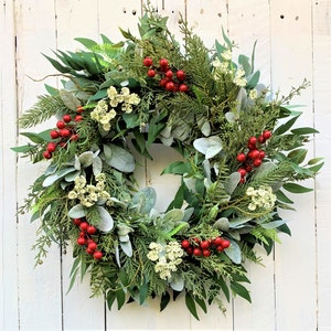 Woodland Lamb's Ear Wreath, Christmas Wreath, Winter Wreath for Front Door, Red & White Christmas Wreath for Front Door, Holiday Wreath