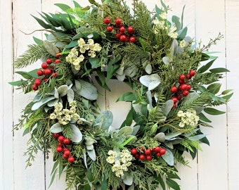 Woodland Lamb's Ear Wreath, Christmas Wreath, Winter Wreath for Front Door, Red & White Christmas Wreath for Front Door, Holiday Wreath