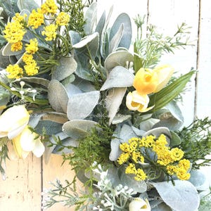 Yellow Tulips Lamb's Ear Wreath, Spring Summer Wreath for Front Door, Farmhouse Wreath, Easter Wreath, Mother's Day Gift,Home Decor image 3