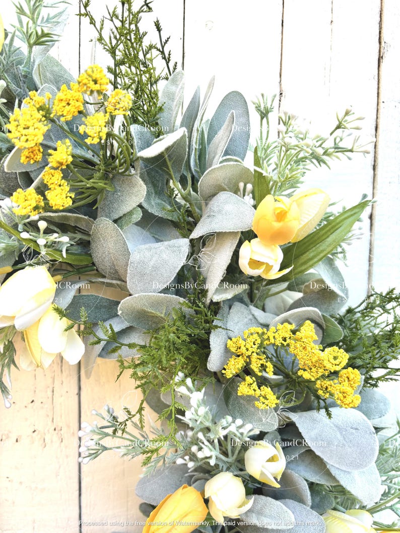 Yellow Tulips Lamb's Ear Wreath, Spring Summer Wreath for Front Door, Farmhouse Wreath, Easter Wreath, Mother's Day Gift,Home Decor image 3