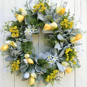 Yellow Tulips & Lilies Lamb's Ear Wreath, Spring Summer Wreath for Front Door, Farmhouse Wreath, Easter Wreath, Mother's Day Gift,Home Decor