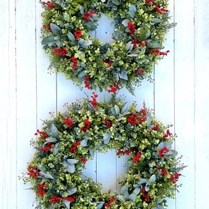 Eucalyptus Lamb's Ear & Red Berries Christmas Holiday Winter Wreath for ...