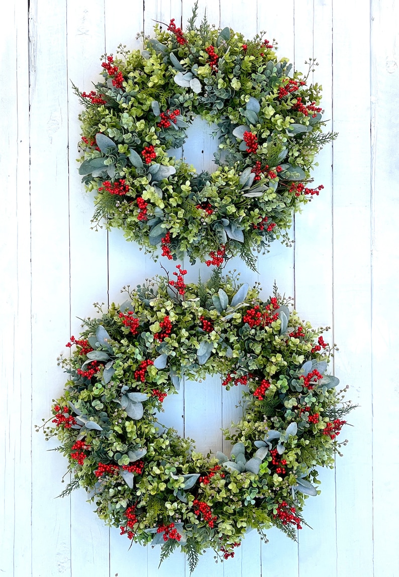 Eucalyptus Lamb's Ear & Red Berries Christmas Holiday Winter Wreath for ...