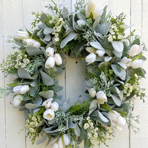 White Cream Tulip Wreath, Lamb's Ear Spring Wreath for Front Door, Summer Wreath for Front Door, Farmhouse Wreath, Wedding Gift