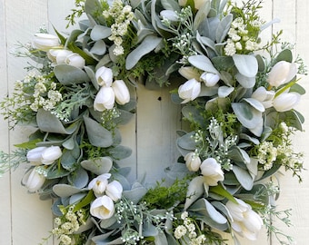 White Cream Tulip Wreath, Lamb's Ear Spring Wreath for Front Door, Summer Wreath for Front Door, Farmhouse Wreath, Wedding Gift