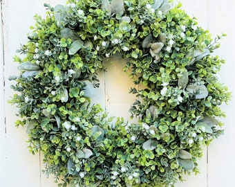 Eucalyptus and Lamb's Ear Wreath for Front Door, Year-Round Greenery Wreath for Front Door, Spring Summer Farmhouse Wreath for Front Door