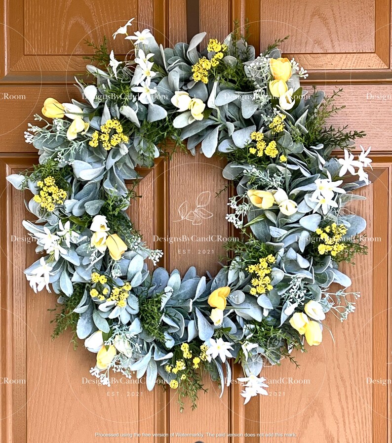 Yellow Tulips Lamb's Ear Wreath, Spring Summer Wreath for Front Door, Farmhouse Wreath, Easter Wreath, Mother's Day Gift,Home Decor image 12