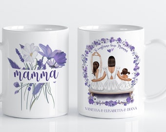 Regalo personalizzato per la festa della Mamma, Tazza personalizzata mamma e figlia, Mamma e figlie personalizzate con nomi, Tazza con fiori