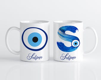 Personalisierte türkische Augentasse mit Namen – Geschenk zum bösen Blick – Glücksbecher – Geschenkidee mit blauem Auge zum Schutz vor dem bösen Blick