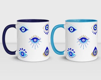 Weiße Tasse mit Henkel und blauer Innenseite – Geschenkidee gegen den bösen Blick – Türkisches Geschenk zum Schutz vor dem blauen Auge, Nazar