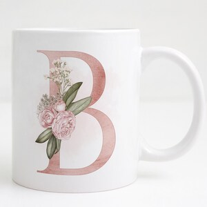 Taza personalizada con letra monograma - Taza con nombre y flores - Idea de regalo de cumpleaños, Día de la Madre, Regalo personalizado