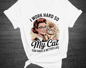 Maglietta bianca con gatto - I work hard  - T-shirt con gatto divertente - Regalo per amante dei gatti - Magliette divertenti