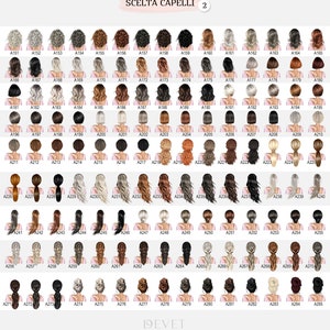 May include: A catalog of various hairstyles, each numbered and displayed in a grid. The styles range from short bobs to long, flowing locks, with diverse colors and textures. The text "SCELTA CAPELLI 2" is at the top.