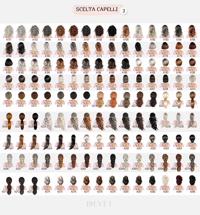 May include: A catalog of various hairstyles, each numbered and displayed in a grid. The styles range from short bobs to long, flowing locks, with diverse colors and textures. The text "SCELTA CAPELLI 2" is at the top.