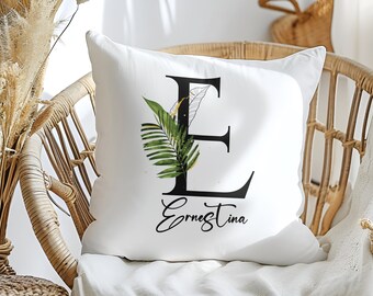 Personalisiertes tropisches Alphabet-Kissen – Geschenkidee für Pflanzenliebhaber – tropisches Kissen mit Monogramm-Buchstaben und Namen