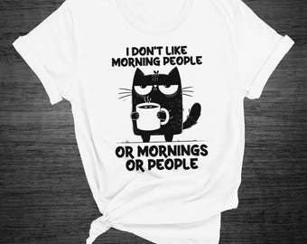 Maglietta bianca con gatto - I don't like morning people - T-shirt con gatto divertente - Regalo per amante dei gatti - Maglietta divertente