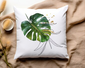 Tropisches Blätterkissen – Geschenkidee für Pflanzenliebhaber – Tropisches Kissen mit Palmen- und Monstera-Blumendruck