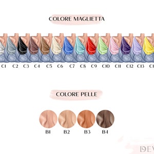 May include: Illustration of a series of figures with various skin tones and tops in different colors. The text "COLORE MAGLIETTA" and "COLORE PELLE" are visible. The figures are numbered and labeled with color codes.