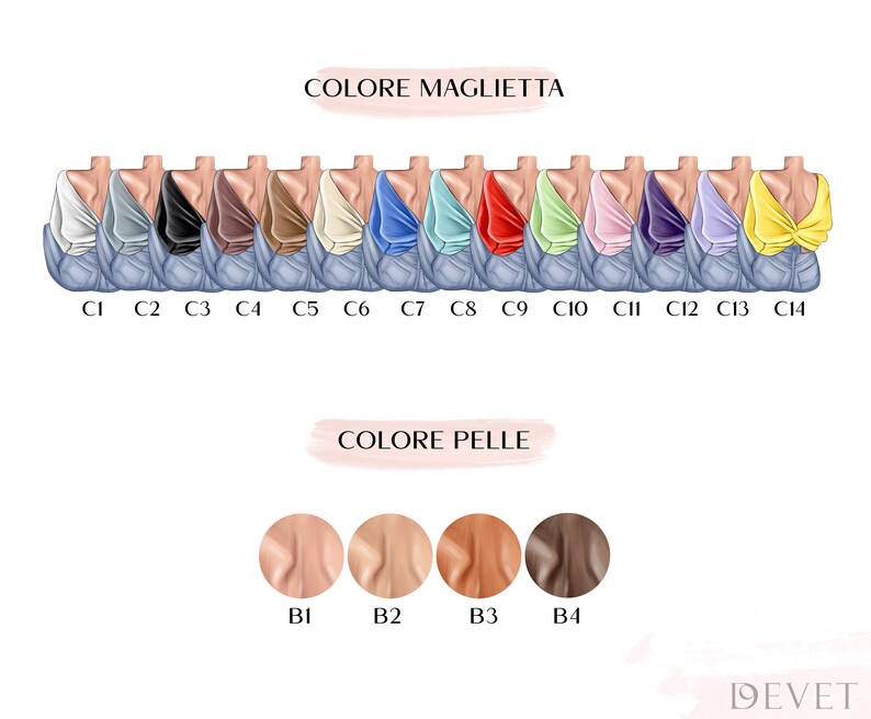 May include: Illustration of a series of figures with various skin tones and tops in different colors. The text "COLORE MAGLIETTA" and "COLORE PELLE" are visible. The figures are numbered and labeled with color codes.
