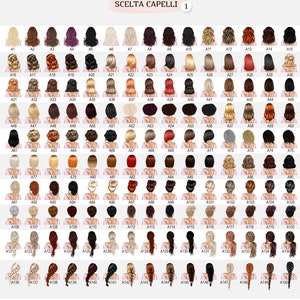 May include: A grid of 150 illustrations of hairstyles, each labeled with a number and letter combination. The hairstyles vary in color, length, and style, including braids, buns, and loose waves. The text "SCELTA CAPELLI 1" is at the top.