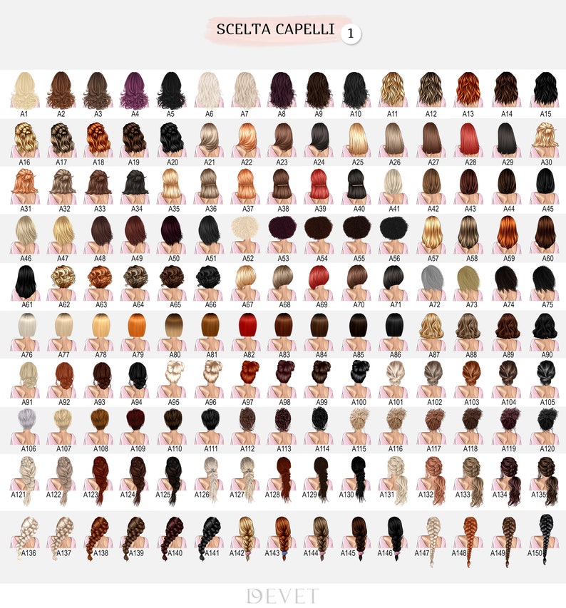 May include: A grid of 150 illustrations of hairstyles, each labeled with a number and letter combination. The hairstyles vary in color, length, and style, including braids, buns, and loose waves. The text "SCELTA CAPELLI 1" is at the top.