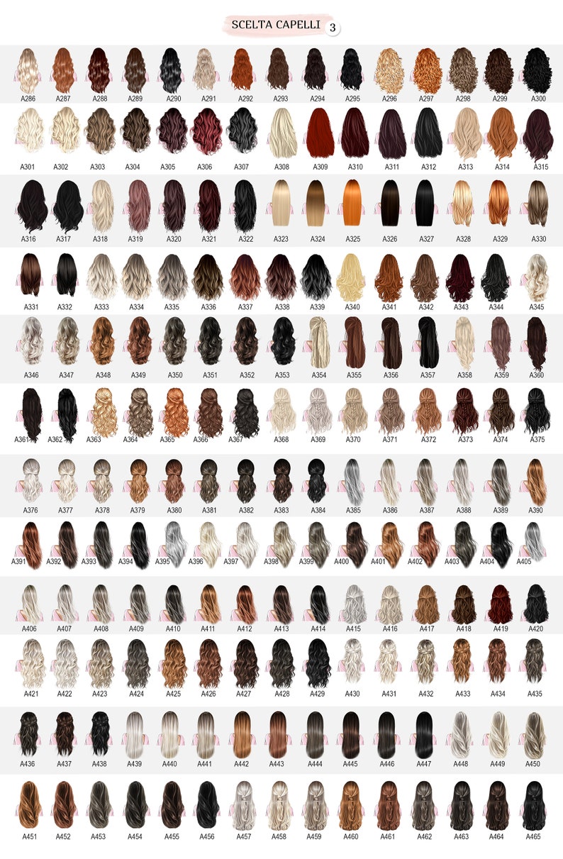 May include: A catalog of various hairstyles, each with a unique code. The image displays numerous illustrations of women's hairstyles, ranging from blonde to black, straight to curly, and long to short. The text "SCELTA CAPELLI 3" is at the top.