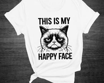 Maglietta bianca con gatto - This is my happy face  - T-shirt con gatto divertente - Regalo per amante dei gatti - Magliette divertenti
