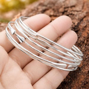 7 Set of 925 Sterling Silver Handmade Adjustable Cuff Bangles Christmas Gift, Stackable Bracelets, Minimalist Open Cuff Bangle, Gift for her