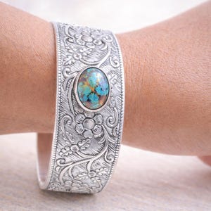 Copper Turquoise Cuff Bracelet, 925 Sterling Silver Wide Bangle, Floral Engraved Boho Cuff, Vintage Statement Jewelry Gift for Her