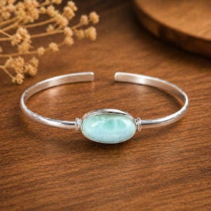 Larimar Cuff Bracelet 925 Sterling Silver, Minimalist Open Bangle, Natural Larimar Jewelry, Ocean Blue Gemstone Gift for Her