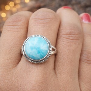 Larimar Stone Ring, 925 Sterling Silver Ring, Handmade Blue Gemstone Ring, Round Bezel Ring, Boho Jewelry Gift for He