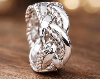 925 Sterling Silver Ring, Boho Stacking Ring, Woven Rope Ring, Wide Band Statement Ring, Chunky Woven Band, Interwoven Band Ring