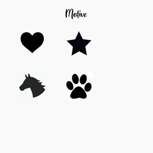 K&ouml;nnte beinhalten: Vier schwarze Silhouetten-Symbole: ein Herz, ein Stern, ein Pferdekopf und ein Pfotenabdruck. Das Wort "Motiv" steht &uuml;ber den Symbolen.