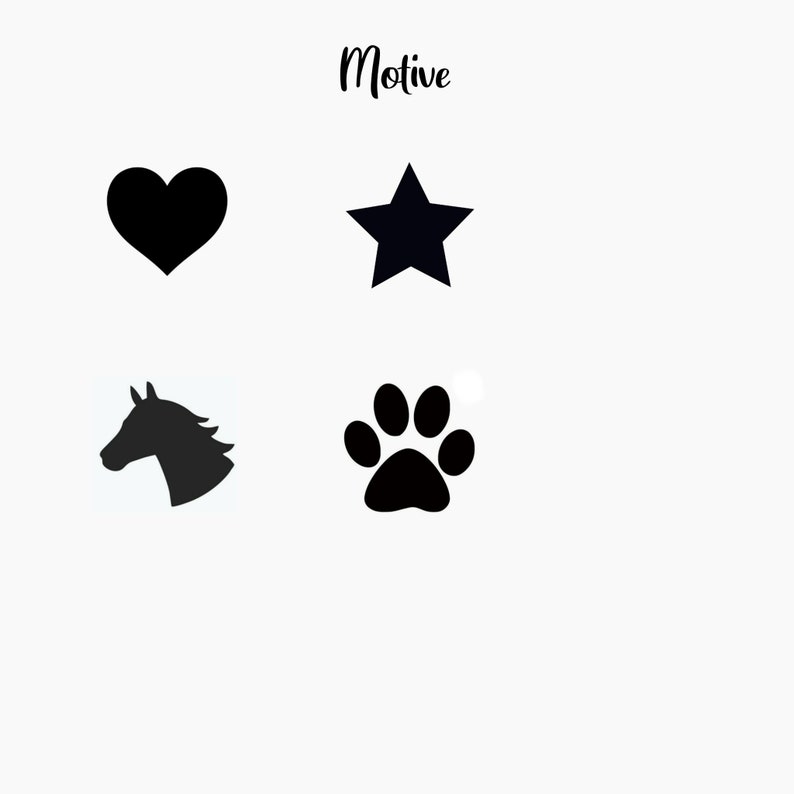 K&ouml;nnte beinhalten: Vier schwarze Silhouetten-Symbole: ein Herz, ein Stern, ein Pferdekopf und ein Pfotenabdruck. Das Wort "Motiv" steht &uuml;ber den Symbolen.