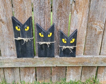 Set of 3 Black Wooden Cats / Halloween Decor/Fall Decor