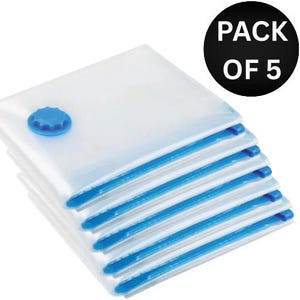 May include: A stack of five clear vacuum storage bags with blue detailing. Each bag features a blue valve and a blue zipper seal. The bags are stacked. The text "PACK OF 5" is in a black circle.