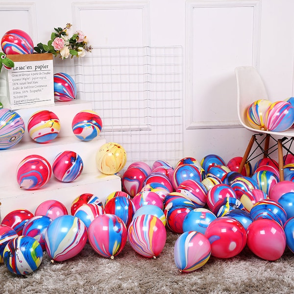 12" inch Black Marble balloons, Rainbow, Black, Pink, Blue, purple marble Balloons, Agate Marble Latex Balloons