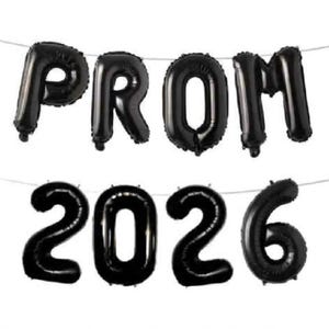 May include: Black foil balloons spelling out "PROM 2026" strung on a thin white string. The balloons are inflated and have a shiny, reflective surface. The letters and numbers are large and easy to read, perfect for a graduation party.