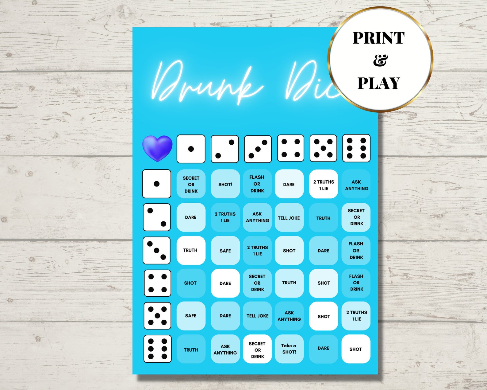 Drunk Dice Printable Drinking Game for Adults Board Games Party Games and Favors Game Template