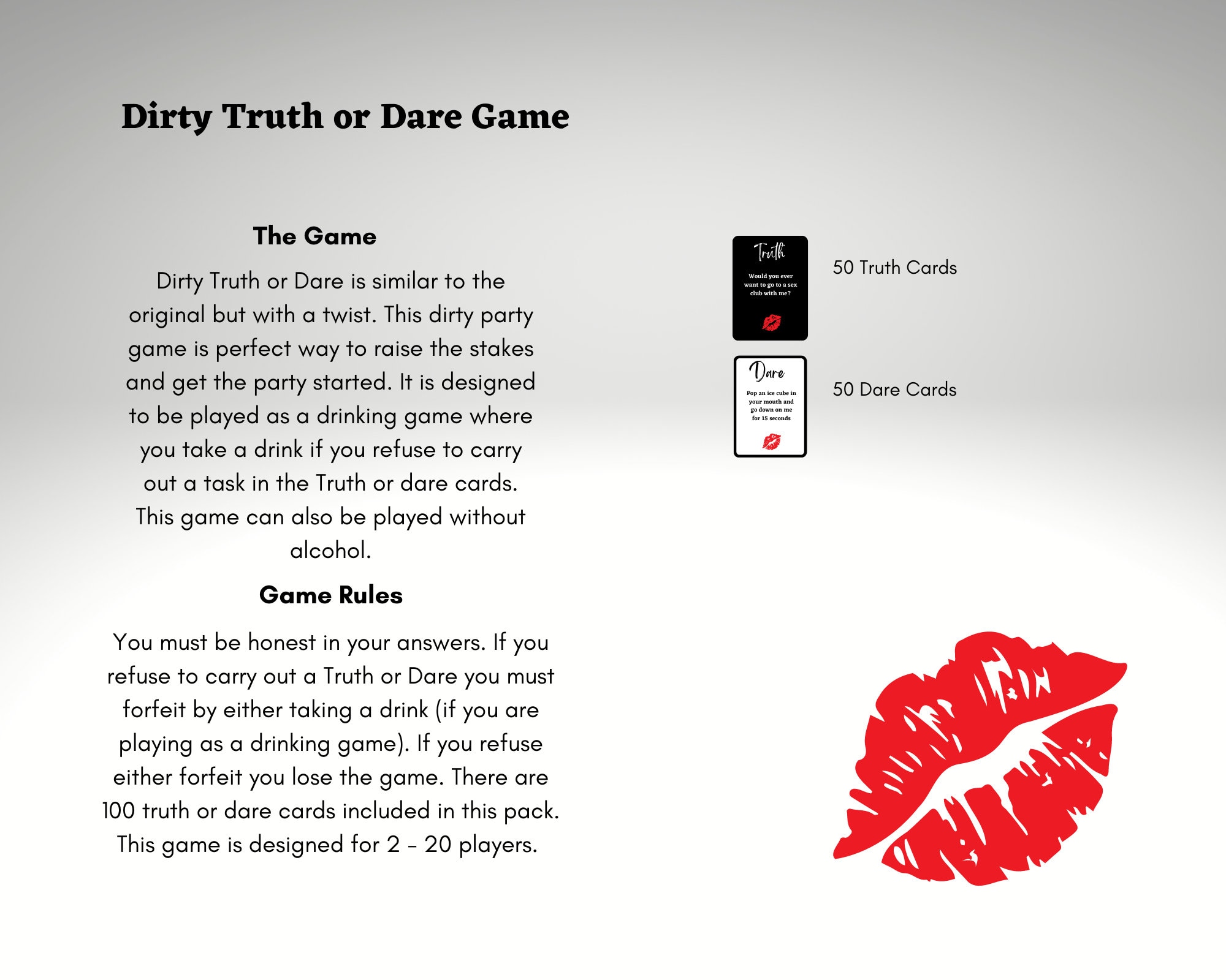 100 Dirty Truth or Dare Cards, Adult Party Game truth or Dare Drinking