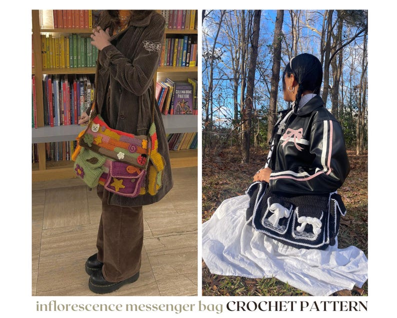 Pu&ograve; includere: Due borse a tracolla all'uncinetto. La prima borsa &egrave; un patchwork multicolore con un'applicazione di gatto, fiore e coccinella. La seconda borsa &egrave; nera con rifiniture bianche e una grande applicazione di fiocco bianco.