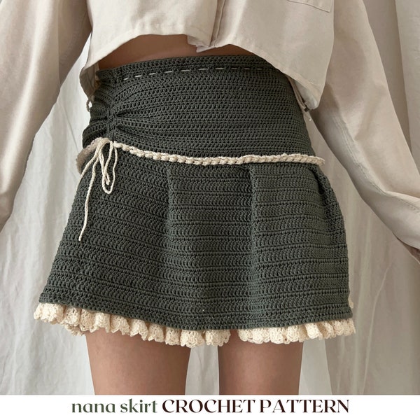 nana skirt // crochet pattern // pleated y2k coquette skirt with frills and bows • crochet skirt pattern