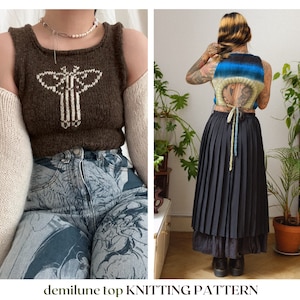 May include: A brown knitted tank top with a white butterfly design. The tank top has a scoop neck and is sleeveless. The model is wearing the tank top with a pair of blue jeans. The tank top is also shown on a model from the back, with the straps tied at the back of the neck. The tank top is a knitting pattern.