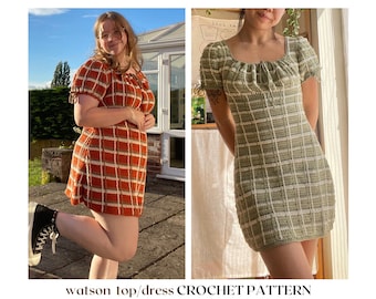 watson dress/top // crochet pattern // vintage cottagecore tartan patterned top & dress • crochet dress pattern